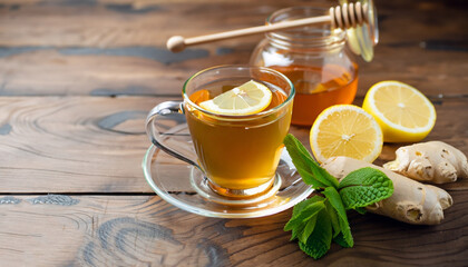 A glass cup of tea with lemon, mint, ginger and honey on wooden rustic table.