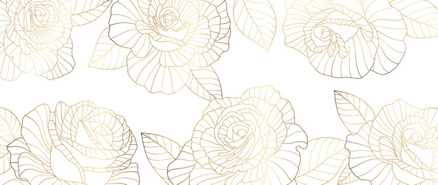 Luxury golden rose flower line art background vector. Natural botanical elegant flower with gold line art. Design illustration for decoration, wall decor, wallpaper, cover, banner, poster, card. 