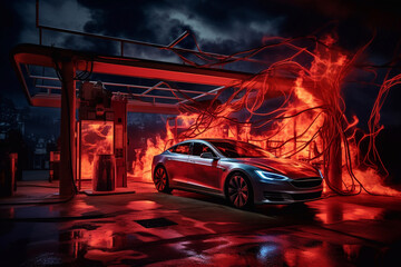 Electric Car at a Burning Gas Station. Burning Fuel Station. AI Generative