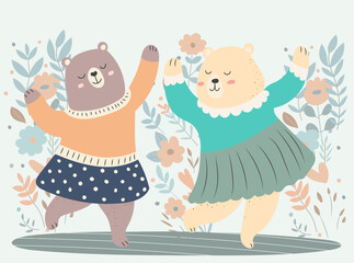 bear dancing cartoon in doodle style vector