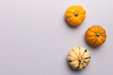 Autumn composition of little orange pumpkins on colored table background. Fall, Halloween and Thanksgiving concept. Autumn flat lay photography. Top view vith copy space