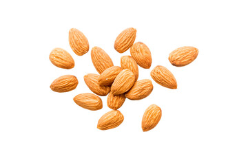 pile almonds isolated on white background, top view. Flat lay Healthy food concept