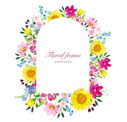 Floral frame with colorful meadow flowers, watercolor