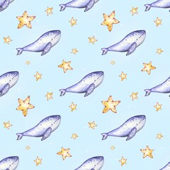 Seamless marine pattern with whales, gold stars,on a blue background. Watercolor children background. Printing on fabric,wallpaper,prints,textiles,baby room,cards.