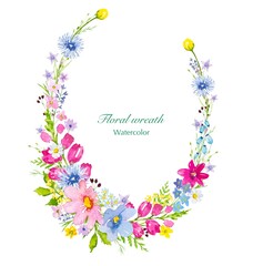 Floral wreath with colorful meadow flowers, watercolor