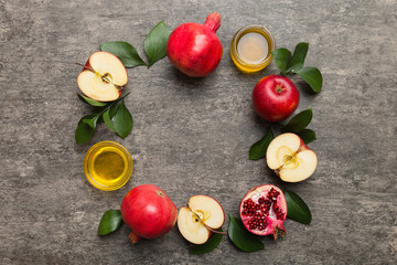 Rosh hashanah concept. Frame made of symbols jewish New Year holiday Traditional. Top view with copy space