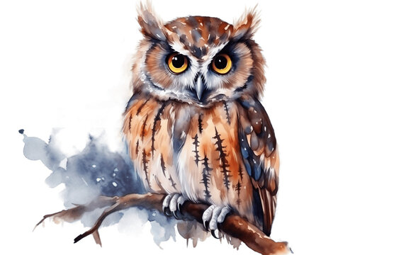 Watercolor Beautiful Owl - Isolated on White, Generative Ai