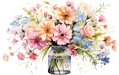 Watercolor Flowers Bouquet In Jar isolated, Generative Ai