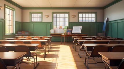 Empty Classroom Awaiting Students in Morning Light