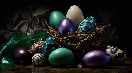 Fototapeta na wymiar Still life with Easter eggs. Collection of Easter eggs in various sizes, colors and textures. Trendy color palette: Rich gemstone hues like deep amethyst purple, emerald green and royal blue.