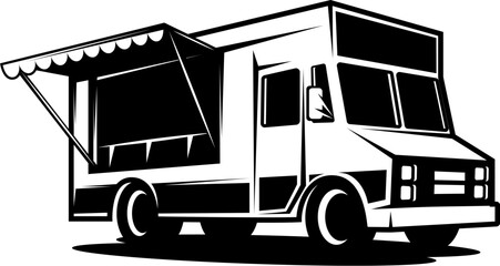 Illustration of an food truck. Design element for emblem, sign, badge. Vector illustration - 627249112