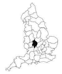 Map of Warwickshire County in England on white background. single County map highlighted by black colour on England administrative map.. United Kingdom, Britain, UK