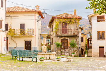 Colle di Tora, the fountain in the square. Italy.