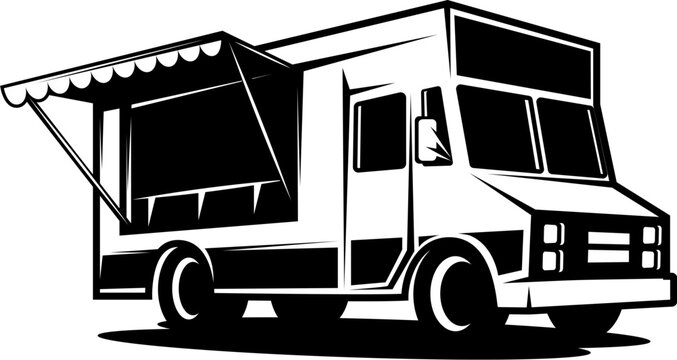 Illustration of an food truck. Design element for emblem, sign, badge. Vector illustration
