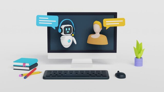 AI chat bot chatting with human provide smart solution. Artificial intelligence robot answer questions and generate smart refinement conversation. 3d loop animation