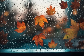 Rainy day with autumn leaves on window glass outdoor. Concept of fall season. Generative AI - obrazy, fototapety, plakaty