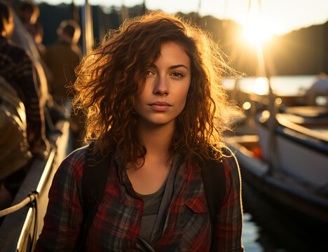 a woman is outdoors in a plaid shirt next to boats, generative AI