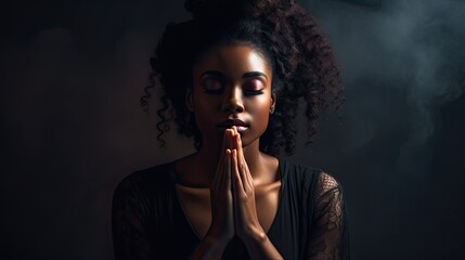 Black Woman Praying for Faith and Help from God. Powerful African-American Person Seeking Strength and Overcoming Worry through Prayer: Generative AI - obrazy, fototapety, plakaty