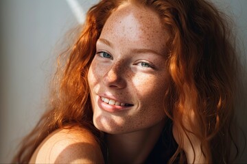 Carefree Beauty Woman with a Radiant Complexion and Freckles, Smiling and Looking Away in a Natural Portrait. Generative AI - obrazy, fototapety, plakaty