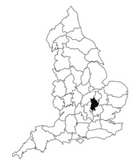 Map of Bedfordshire County in England on white background. single County map highlighted by black colour on England administrative map.. United Kingdom, Britain, UK