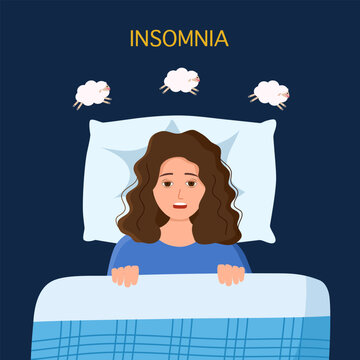 Sleepless woman suffering from insomnia and counting sheep. Female with open eyes in darkness night lying on bed concept vector illustration. Young woman try to sleep under blanket.