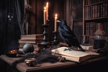 Raven on book. Generate Ai - obrazy, fototapety, plakaty