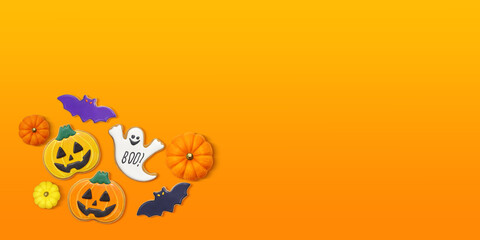 Obraz premium ハロウィンのアイシングクッキーセットの 背景イラスト リアル 