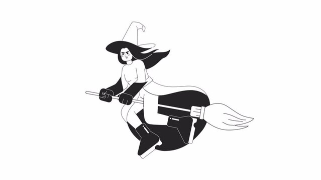 Witch flying on broom bw cartoon animation. Sorceress woman 4K video motion graphic. Occult magic. Flying on broomstick. Hexe besen 2D monochrome line animated character isolated on white background