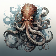 Image of terrifying giant octopus monster on clean background. Undersea animals. Illustration, Generative AI.