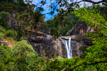 panorama of jourama falls in paluma range national park, north queensland, australia; cascade of numerous powerfull tropical waterfalls near townsville and ingham