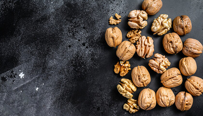 Obraz na płótnie Canvas Nuts. Walnut kernels and whole walnuts on dark stone table. Black background. Top view, flat lay with copy space.