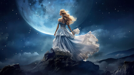 **Celestial Elegance**: A portrait of a girl with luminous celestial-themed clothing and accessories, such as a flowing dress adorned with stars and a moon-shaped pendant. 