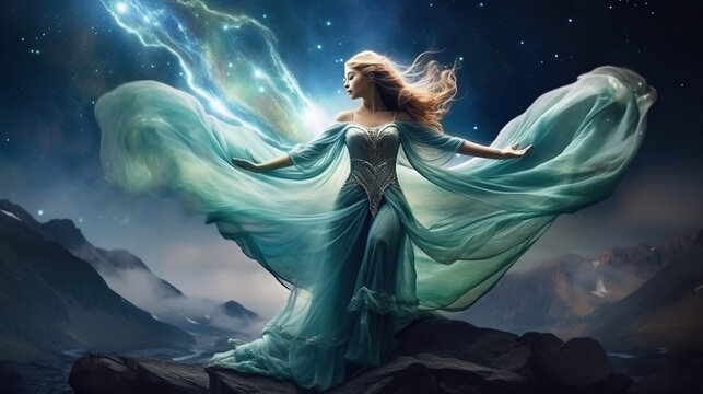 **Celestial Elegance**: A portrait of a girl with luminous celestial-themed clothing and accessories, such as a flowing dress adorned with stars and a moon-shaped pendant. 