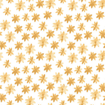 Chamomile orange floral mille fleur seamless pattern on white background. Small summer flowers in simple scandinavian cartoon doodle style perfect for textile, wallpaper, fabric