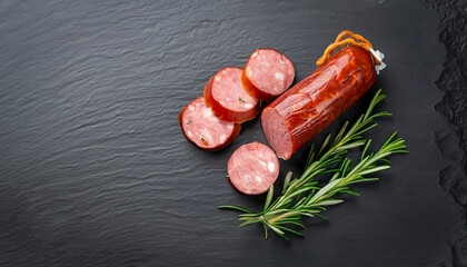 Smoked sausage with rosemary on a black slate background. Top view. Flat lay. Copy space for text.