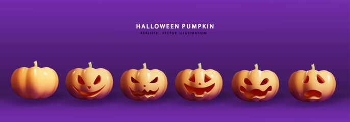 Pumpkins with emotions for the holiday on purple background. Pumpkin set glossy of Halloween. 3d vector realistic