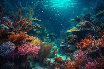 Naklejka na ściany i meble coral reef and diver. Generative AI.