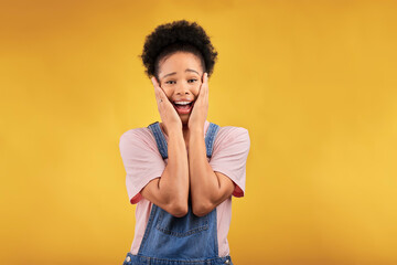 Portrait, surprise and woman with a smile, excited and announcement on a yellow studio background. Female person, happiness and model with shock, wtf and omg with news, winning and facial expression - obrazy, fototapety, plakaty