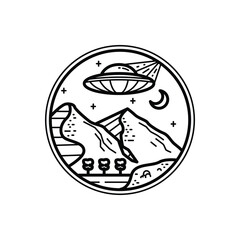 Badge mountain and ufo monoline or line art style illustration
