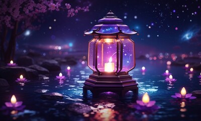 Lantern On Water With Bright And Colorful Lights Purple  - obrazy, fototapety, plakaty