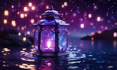 Lantern On Water With Bright And Colorful Lights Purple 
