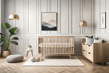 Stylish scandinavian newborn baby room boho style with wooden two mock up poster frame, toys, armchair and child accessories
