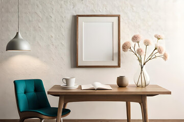 On a beige wall above a decorated wooden table, empty frames are hung. Draft for a design , interior of a room