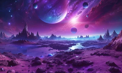 Schilderijen op glas Alien Planet Landscape Purple And Blue Galaxy On The Background © SyabilaSyifa