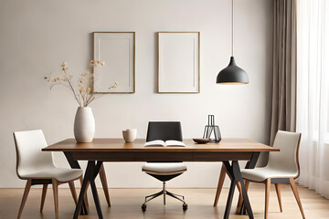  On a beige wall above a decorated wooden table, empty frames are hung. Draft for a design , modern dining room with a table