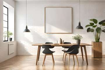 Horizontal white frame mockup hanging white gray concrete wall background. Scandinavian interior. Selective focus, modern dining room with table