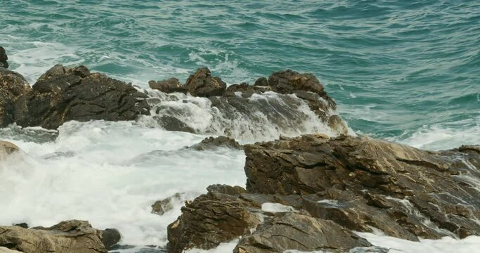 Jugo wind and waves on the rocky coast of the Adriatic Sea, Croatia