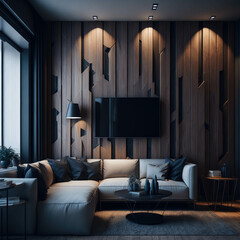 Elegant Interior Design Of Modern Living Room, Wooden Panel Decoration Wall Behind  Sofa and  Coffee Table, Art Decorative Elements, Generative AI