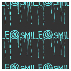 Seamless pattern of hand drawn abstract smiley faces and inscription smile with streaks.