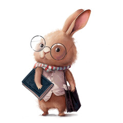 cute cartoon hare with glasses and book